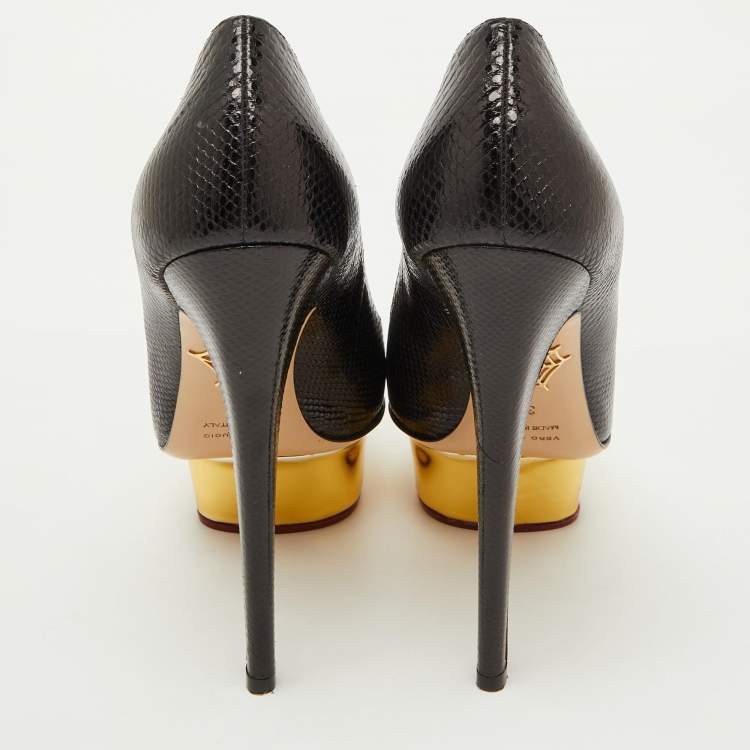 Pre Owned Charlotte Olympia Black Karung Leather Dolly Platform Pumps Size 36