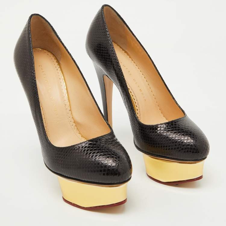 Pre Owned Charlotte Olympia Black Karung Leather Dolly Platform Pumps Size 36