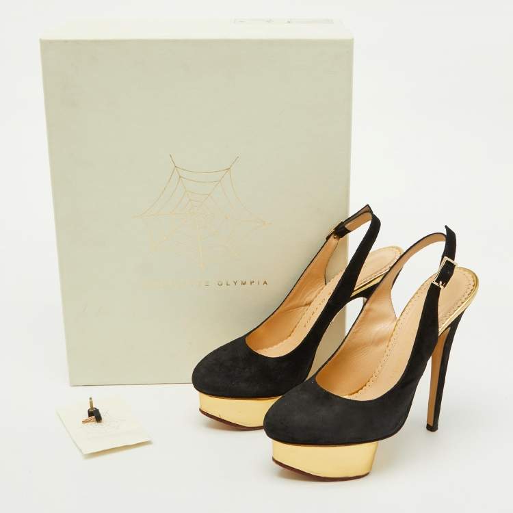 Pre Owned Charlotte Olympia Black Suede Dolly Slingback Platform Pumps Size 36.5