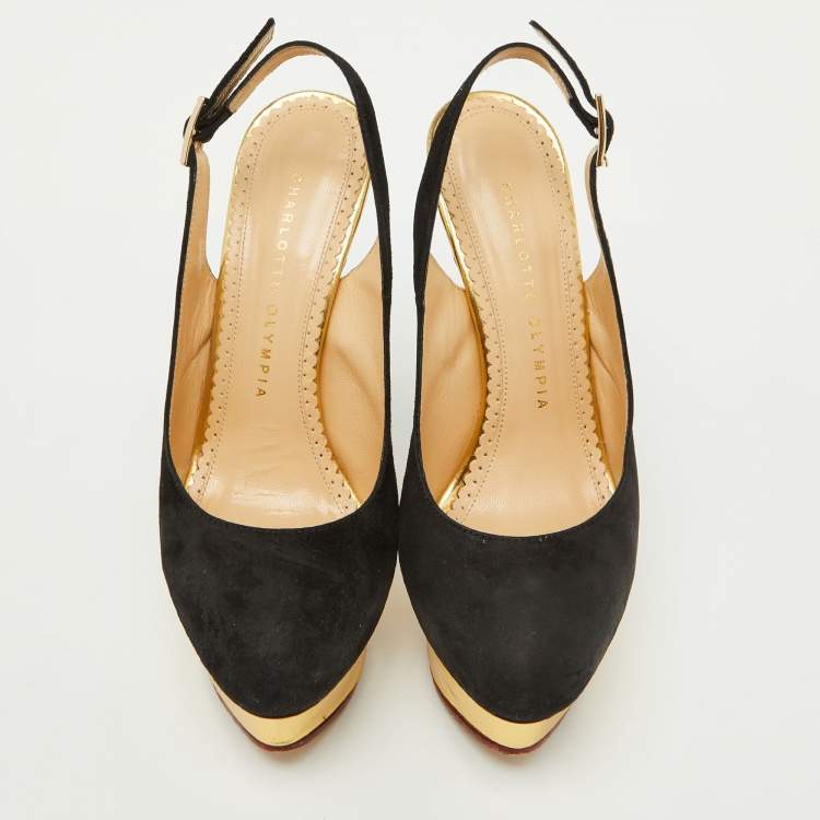 Pre Owned Charlotte Olympia Black Suede Dolly Slingback Platform Pumps Size 36.5
