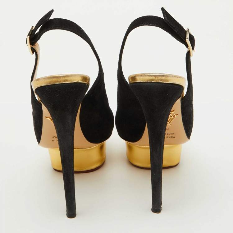 Pre Owned Charlotte Olympia Black Suede Dolly Slingback Platform Pumps Size 36.5