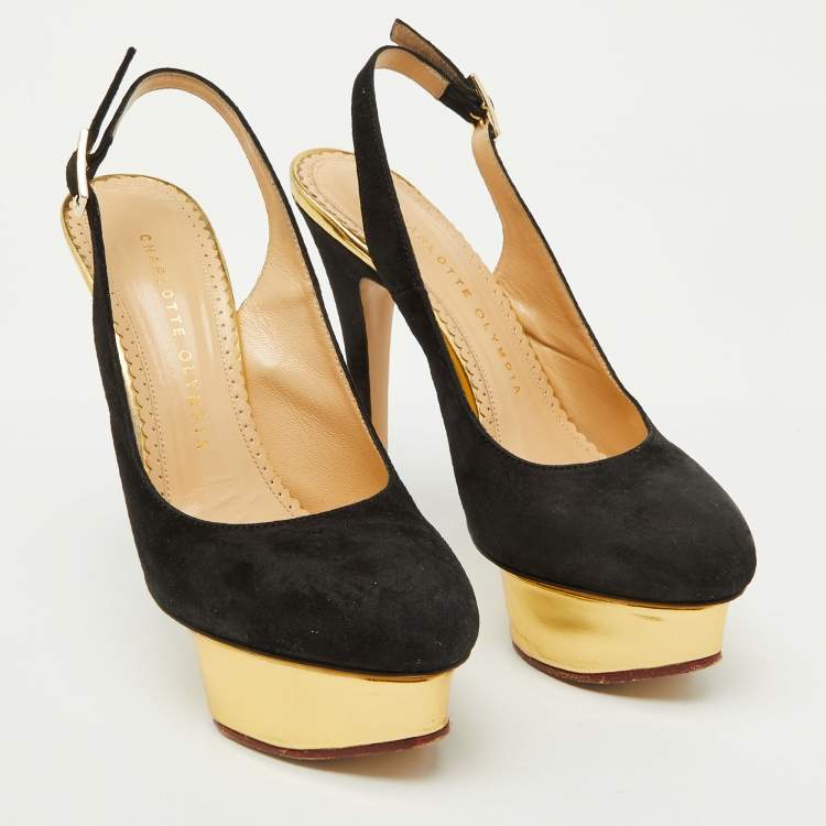 Pre Owned Charlotte Olympia Black Suede Dolly Slingback Platform Pumps Size 36.5