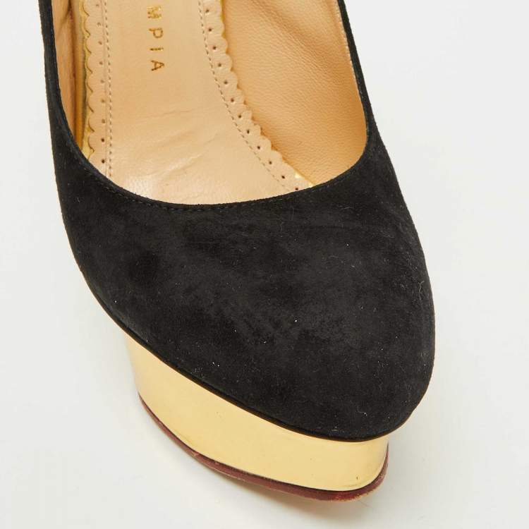 Pre Owned Charlotte Olympia Black Suede Dolly Slingback Platform Pumps Size 36.5