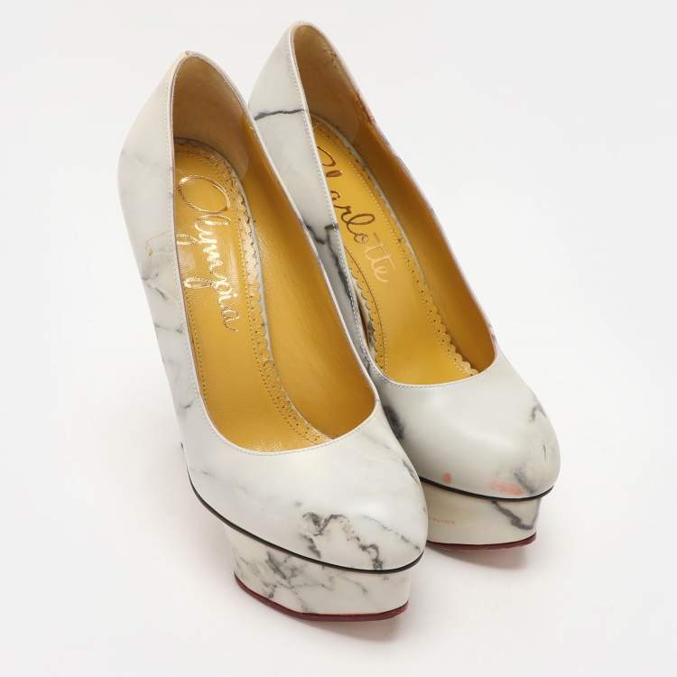 Pre Owned Charlotte Olympia White/Grey Marble-Print Leather Dolly Pumps Size 36