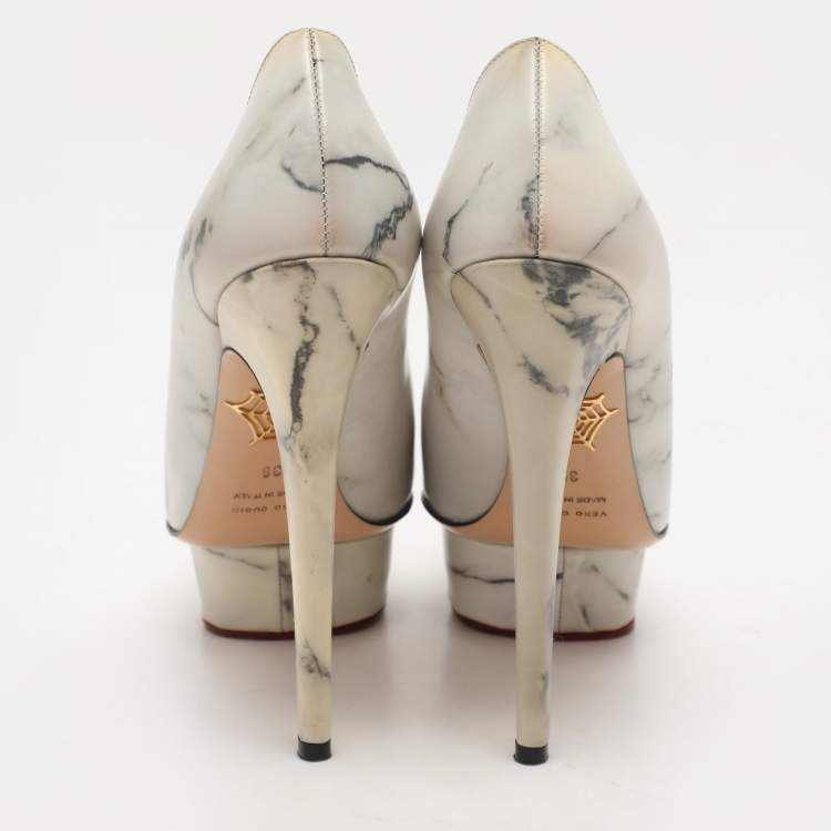 Pre Owned Charlotte Olympia White/Grey Marble-Print Leather Dolly Pumps Size 36