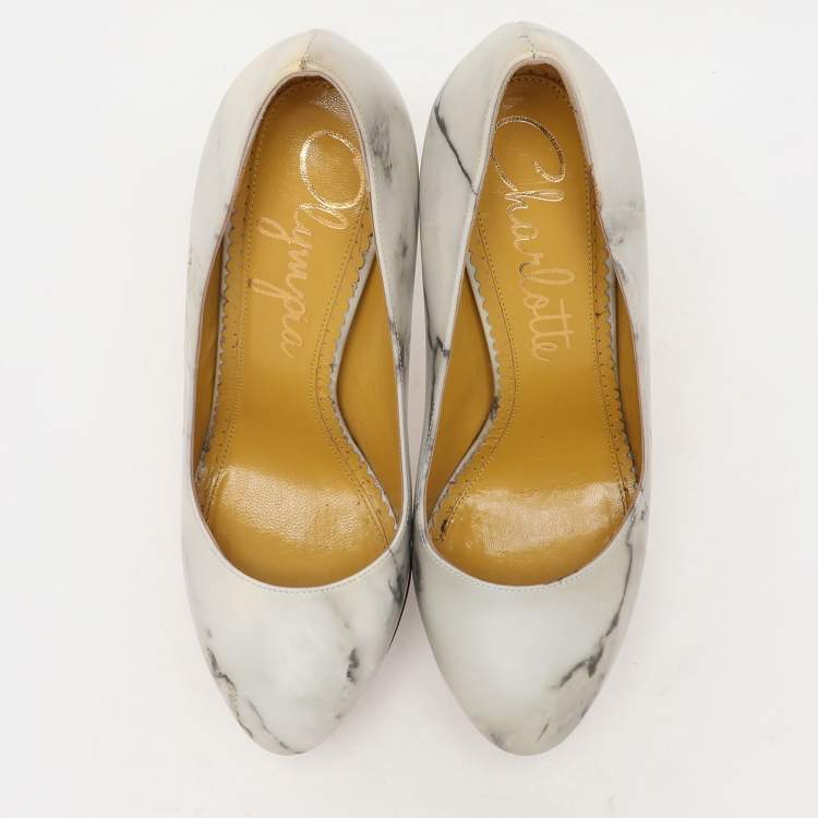 Pre Owned Charlotte Olympia White/Grey Marble-Print Leather Dolly Pumps Size 36