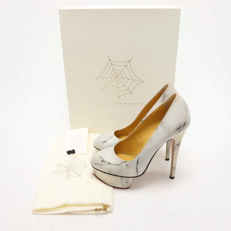 Pre Owned Charlotte Olympia White/Grey Marble-Print Leather Dolly Pumps Size 36