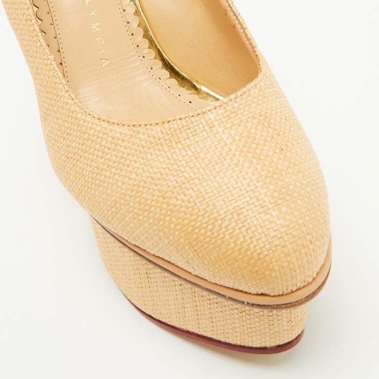 مملوكة مسبقًا Charlotte Olympia Beige Raffia Carmen Platform Wedge Pumps Size 36
