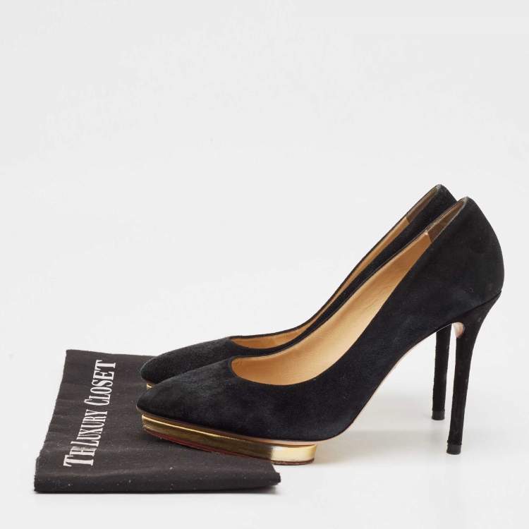 Pre Owned Charlotte Olympia Black Suede Dolly Platform Pumps Size 39