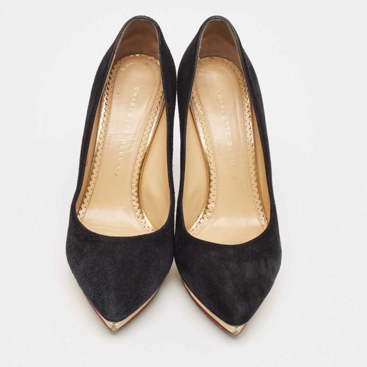 Pre Owned Charlotte Olympia Black Suede Dolly Platform Pumps Size 39