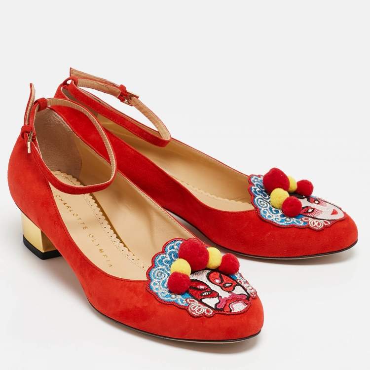 مملوكة مسبقًا Charlotte Olympia Red Suede Peking Anke Strap Pumps Size 36.5