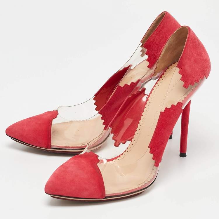 Pre Owned Charlotte Olympia Pink/Transparent PVC and Suede Montana Pumps Size 40