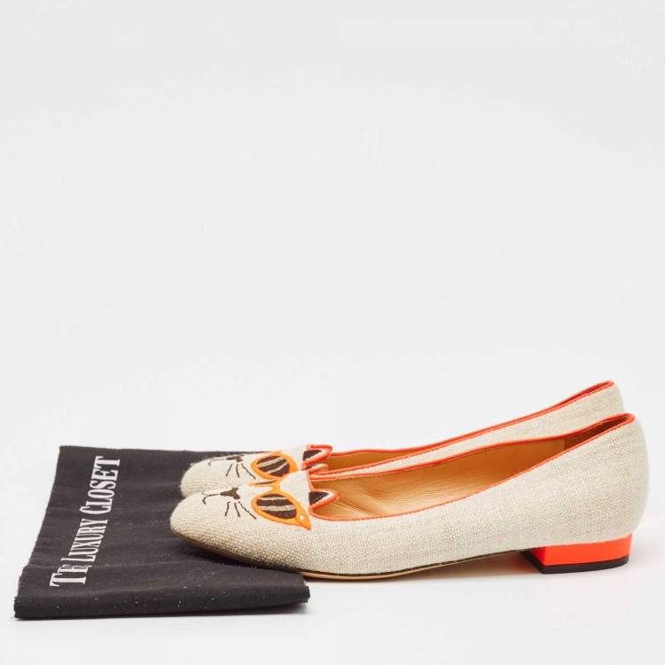 Pre Owned Charlotte Olympia Beige/Orange Canvas Cat Ballet Flats Size 38.5