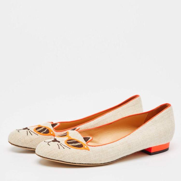 Pre Owned Charlotte Olympia Beige/Orange Canvas Cat Ballet Flats Size 38.5