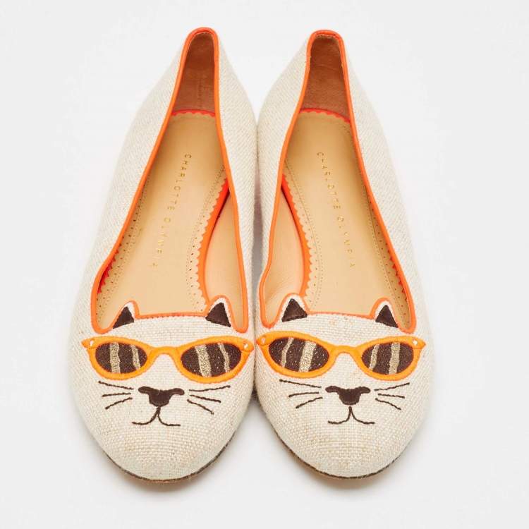 Pre Owned Charlotte Olympia Beige/Orange Canvas Cat Ballet Flats Size 38.5