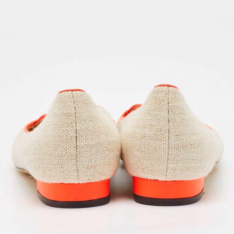 Pre Owned Charlotte Olympia Beige/Orange Canvas Cat Ballet Flats Size 38.5