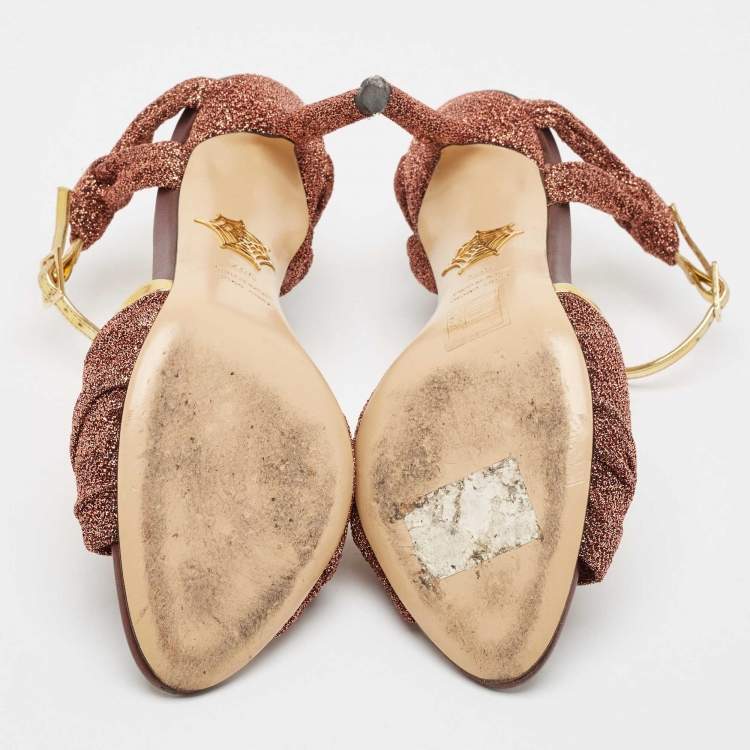Pre Owned Charlotte Olympia Metallic Leather and Lurex Fabric Ankle Strap Sandals Size 38.5