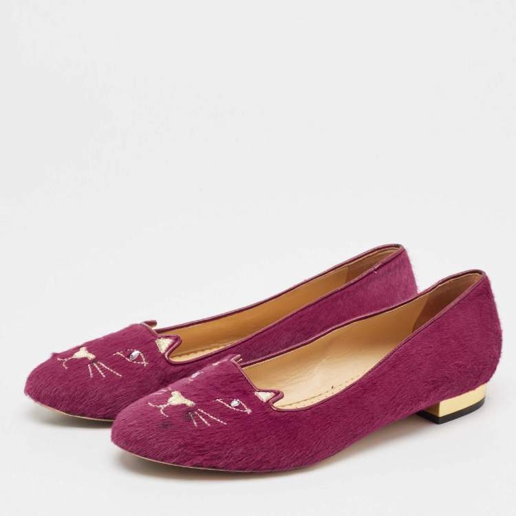 Pre Owned Charlotte Olympia Pink Calf Hair Knot A Kitty Ballet Flats Size 39