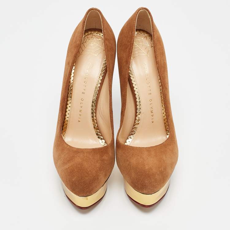 Pre Owned Charlotte Olympia Brown Suede Dolly Platform Pumps Size 37.5