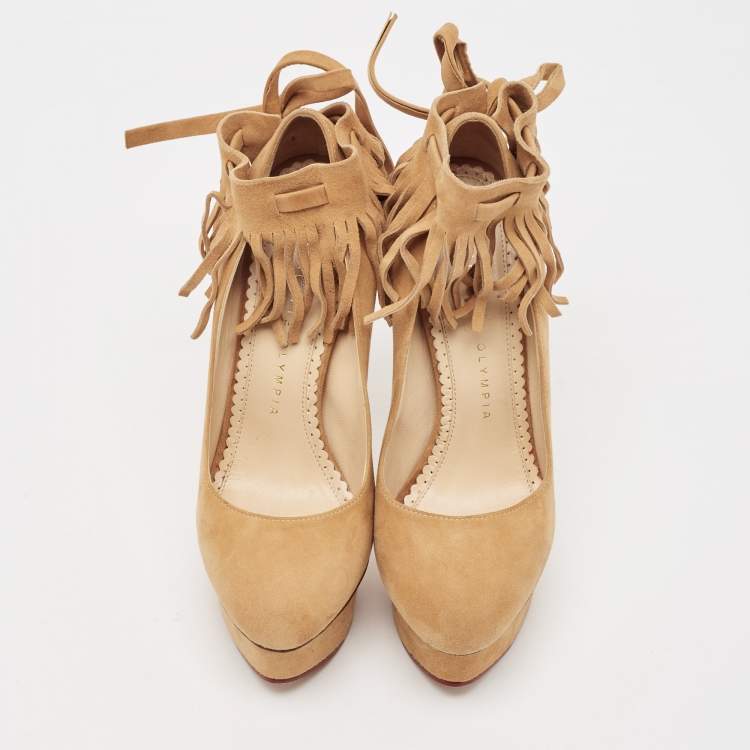 Pre Owned Charlotte Olympia Beige Suede Dolly Platform Pumps Size 34
