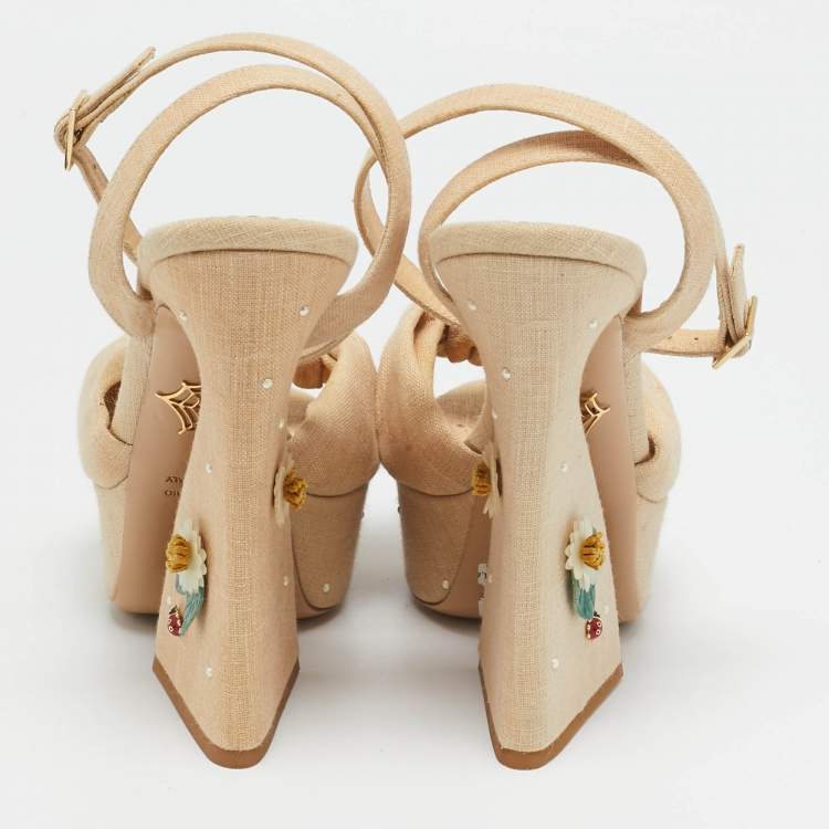 Pre Owned Charlotte Olympia Beige Canvas Floral Vreeland Embellished Platform Sandals Size 41