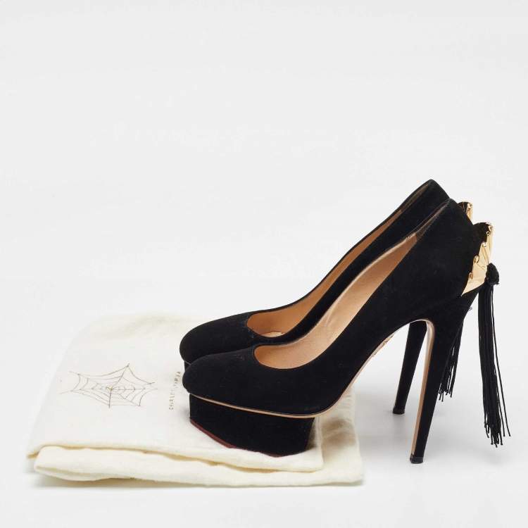 Pre Owned Charlotte Olympia Black Suede Dolly Tassel Detail Platform Pumps Size 39