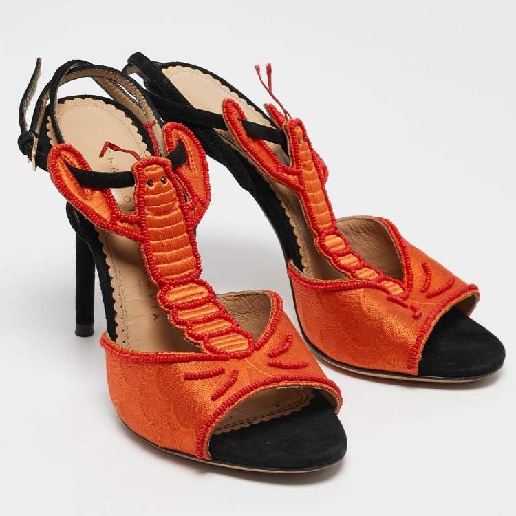 Pre Owned Charlotte Olympia Orange/Black Fabric and Suede Ankle Strap Sandals Size 35