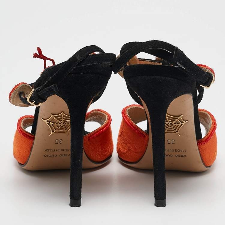 Pre Owned Charlotte Olympia Orange/Black Fabric and Suede Ankle Strap Sandals Size 35