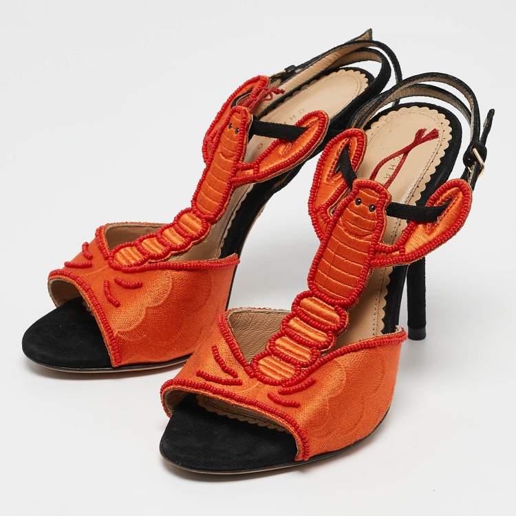Pre Owned Charlotte Olympia Orange/Black Fabric and Suede Ankle Strap Sandals Size 35