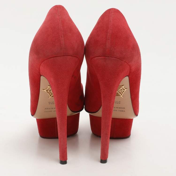 Pre Owned Charlotte Olympia Red Suede Dolly Platform Pumps Size 36.5