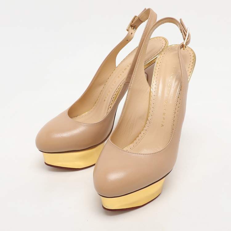 Pre Owned Charlotte Olympia Beige Leather Dolly Slingback Platform Sandals Size 37