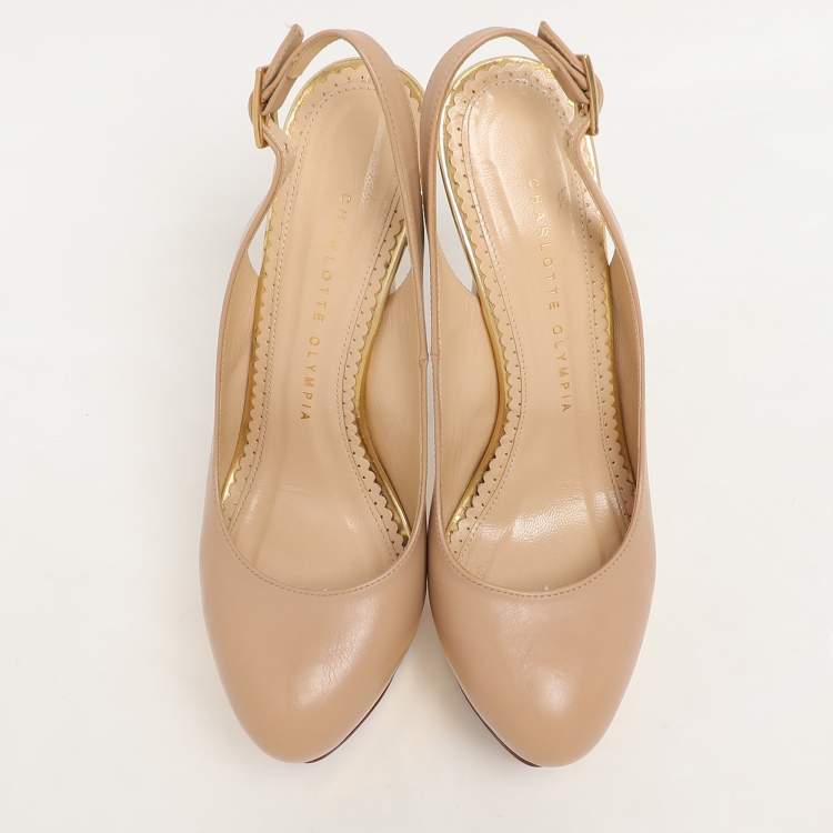 Pre Owned Charlotte Olympia Beige Leather Dolly Slingback Platform Sandals Size 37