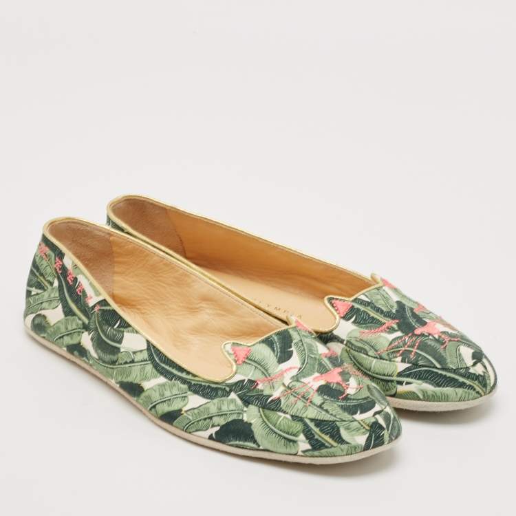 Pre Owned Charlotte Olympia Multicolor Embroidered Fabric Flamingo Smoking Slippers Size 38