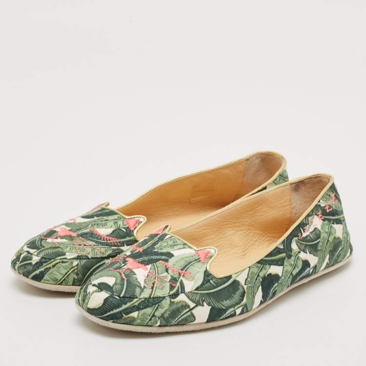 Pre Owned Charlotte Olympia Multicolor Embroidered Fabric Flamingo Smoking Slippers Size 38