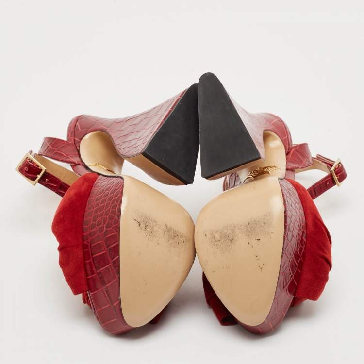 Pre Owned Charlotte Olympia Burgundy Croc Embossed Leather and Suede Ankle Strap Sandals Size 35