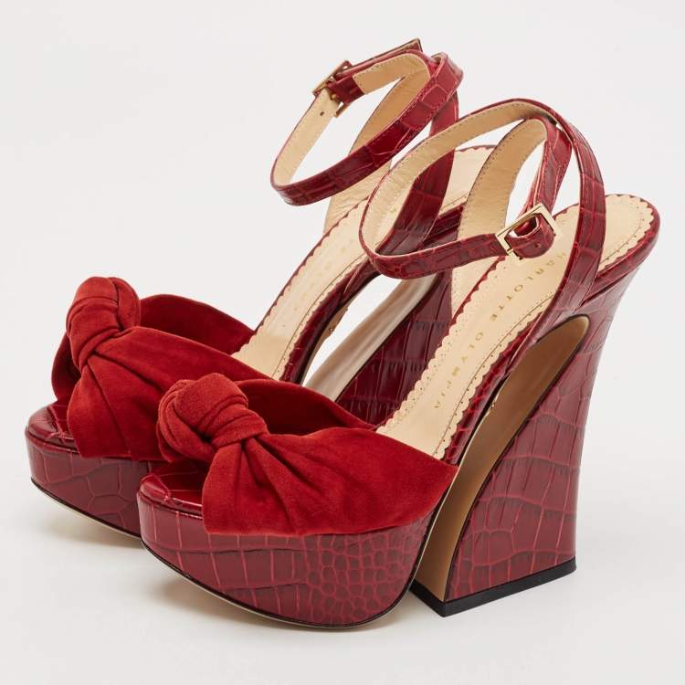Pre Owned Charlotte Olympia Burgundy Croc Embossed Leather and Suede Ankle Strap Sandals Size 35