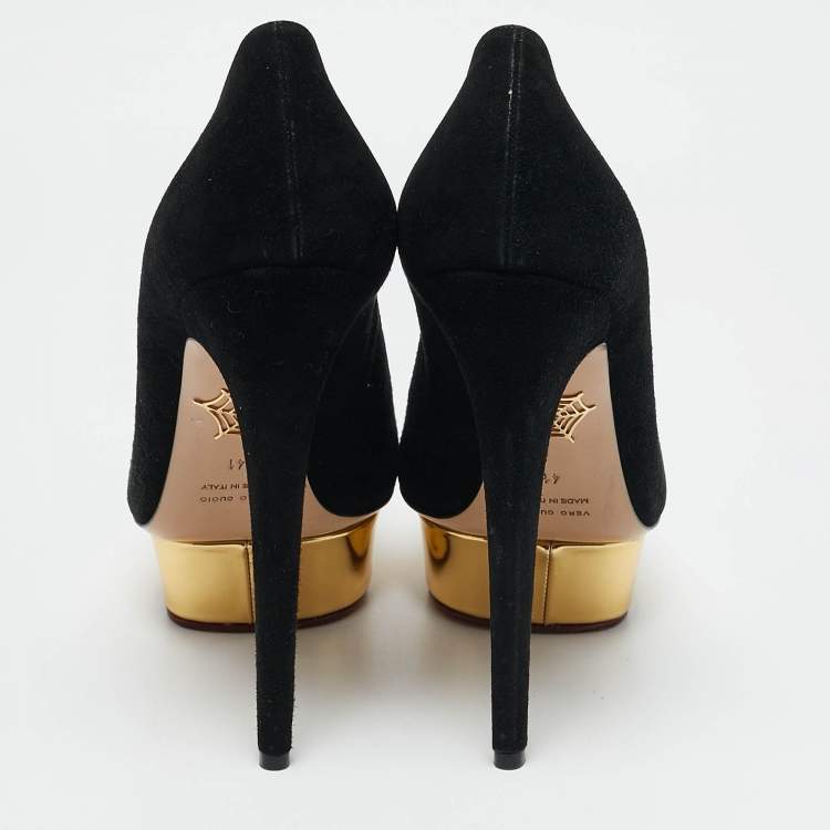Pre Owned Charlotte Olympia Black Suede Dolly Platform Pumps Size 41
