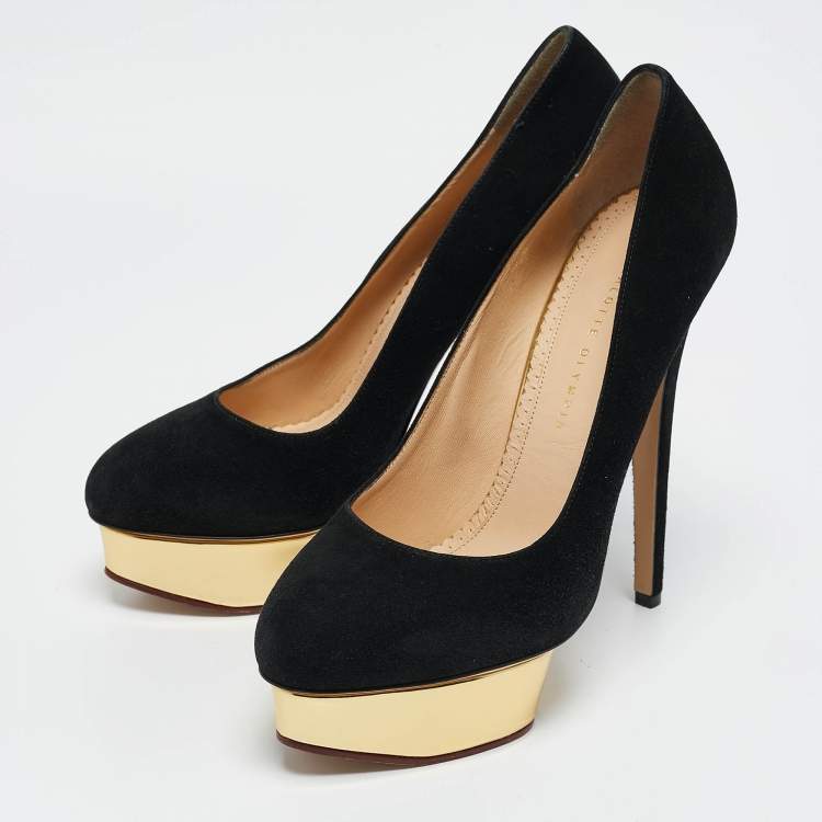 Pre Owned Charlotte Olympia Black Suede Dolly Platform Pumps Size 41