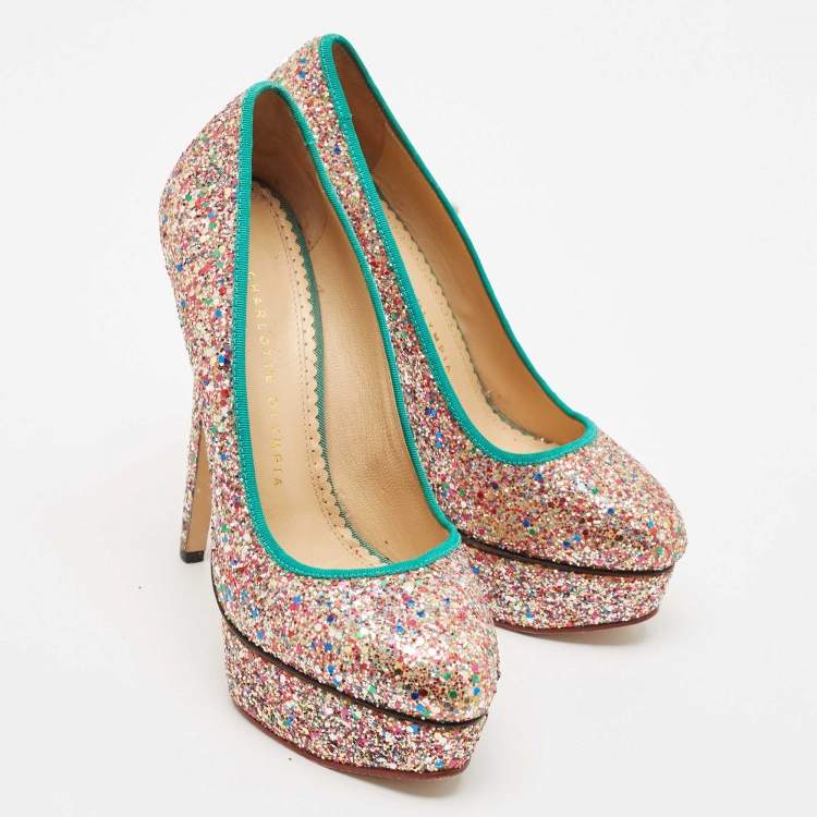 Pre Owned Charlotte Olympia Multicolor Glitter Dolly Platform Pumps Size 38