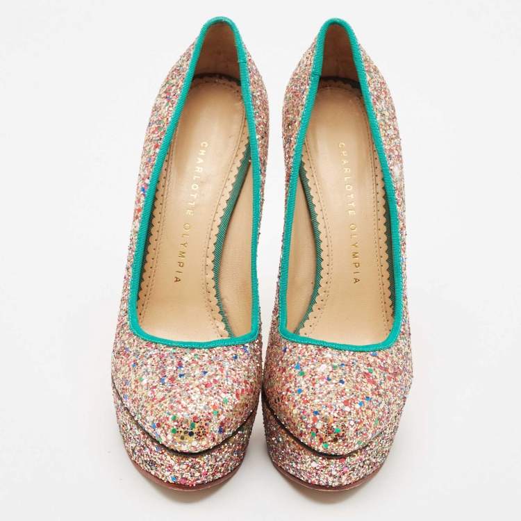 Pre Owned Charlotte Olympia Multicolor Glitter Dolly Platform Pumps Size 38