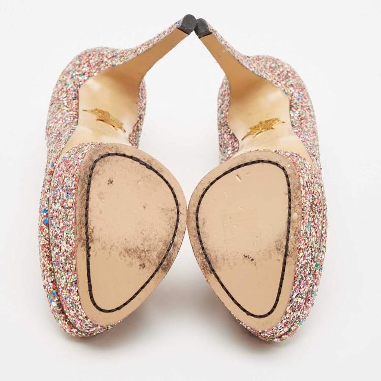 Pre Owned Charlotte Olympia Multicolor Glitter Dolly Platform Pumps Size 38