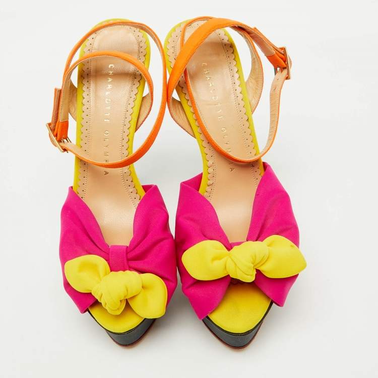 Pre Owned Charlotte Olympia Multicolor Fabric Serena Bow Ankle Strap Platform Sandals Size 36