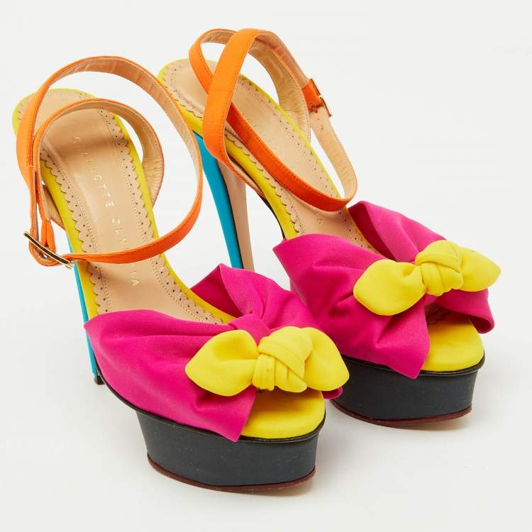 Pre Owned Charlotte Olympia Multicolor Fabric Serena Bow Ankle Strap Platform Sandals Size 36