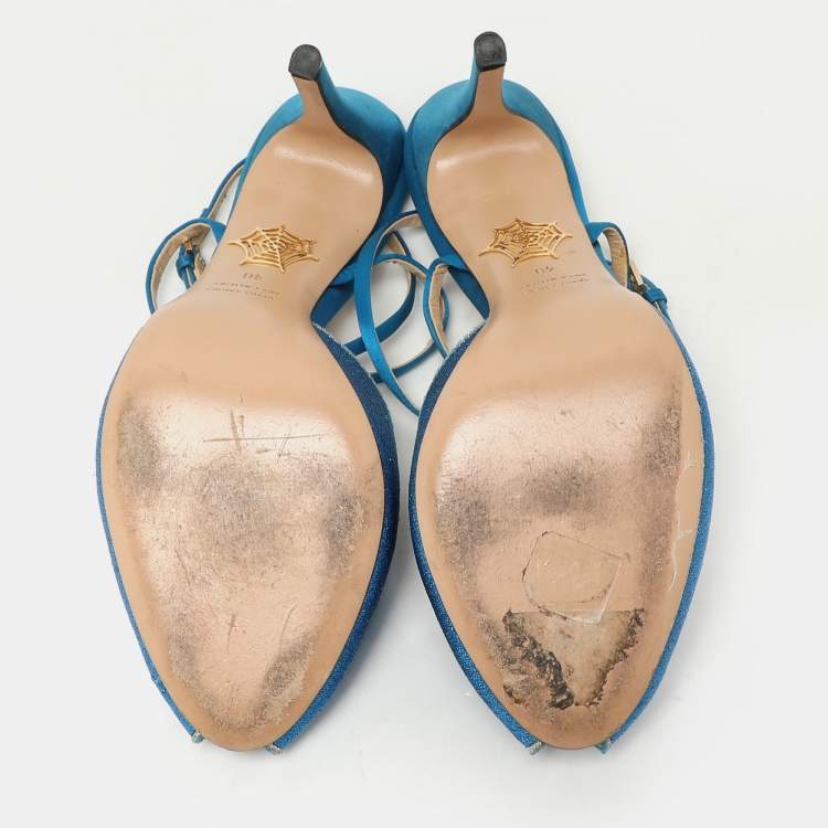 Pre Owned Charlotte Olympia Blue Metallic Lurex Fabric Ankle Strap Sandals Size 40