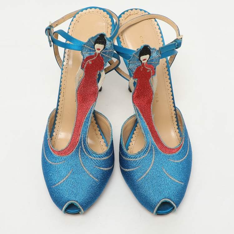 Pre Owned Charlotte Olympia Blue Metallic Lurex Fabric Ankle Strap Sandals Size 40