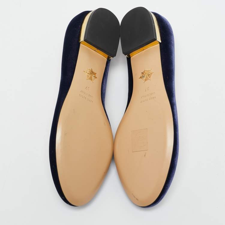 Pre Owned Charlotte Olympia Blue Velvet Kitty Smoking Slippers Size 37