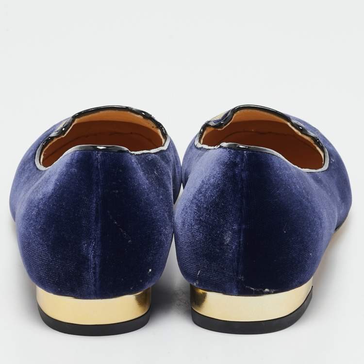 Pre Owned Charlotte Olympia Blue Velvet Kitty Smoking Slippers Size 37