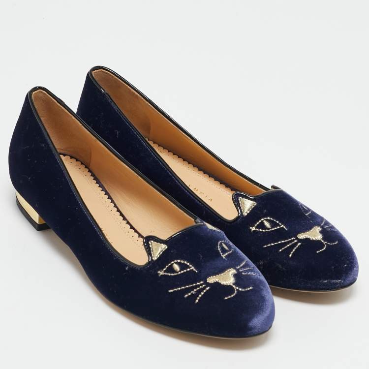 Pre Owned Charlotte Olympia Blue Velvet Kitty Smoking Slippers Size 37