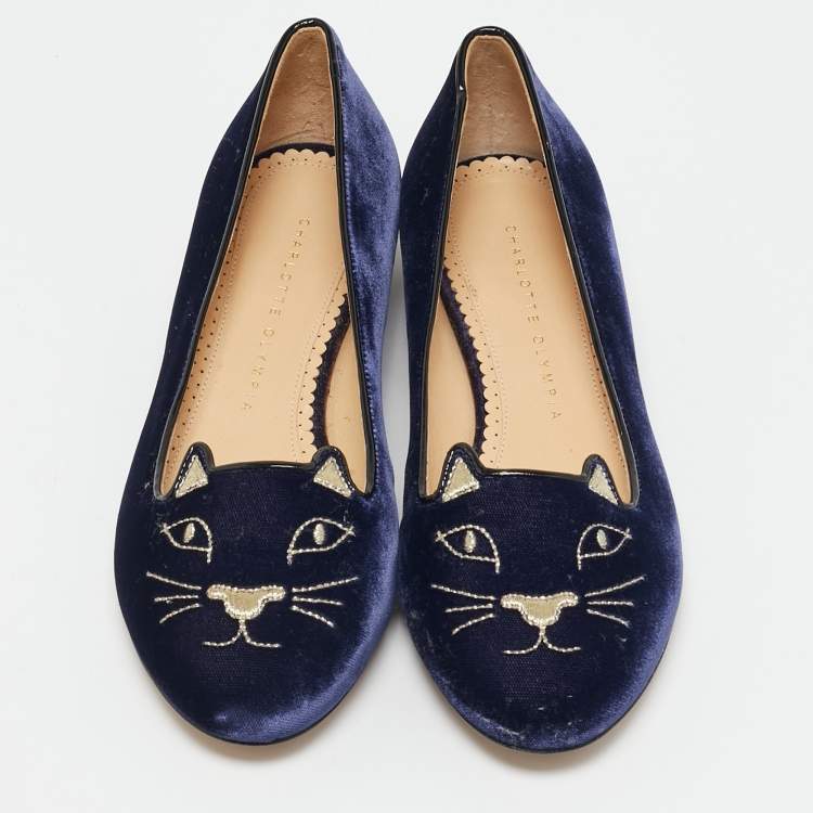 Pre Owned Charlotte Olympia Blue Velvet Kitty Smoking Slippers Size 37