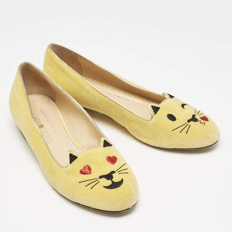 Pre Owned Charlotte Olympia Yellow Velvet Ballet Flats Size 38.5